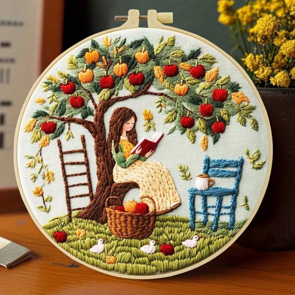 Hand-Embroidered Reading Under Apple Tree Hoop Art - Red & Green